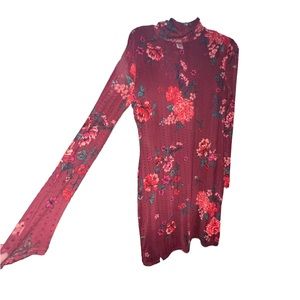 Planet Gold Maroon Floral Long Sleeve Mini Dress